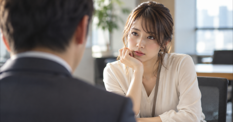 遠くから男性をじっと見つめる女性のイラスト