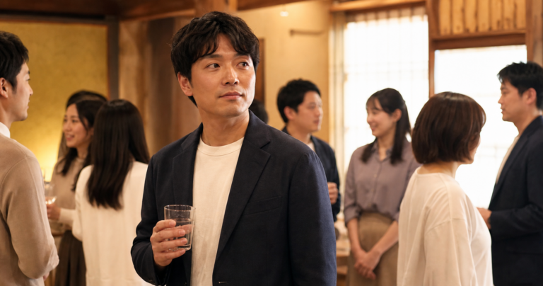 街コンの会場でグラスを片手に周りを気にしながら会話する参加者の男女、カジュアルな飲食店を背景にした写真