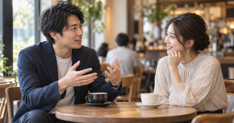カフェで彼の仕事の話を聞きながら複雑な表情を見せる女性の写真