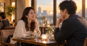 3回目のデートで楽しそうに話す男女の写真