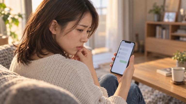 スマートフォンでLINEのトーク画面を見つめ、既読マークがついたメッセージに戸惑う表情の女性