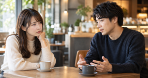 振ったのに友達でいたいと言う男性を複雑な表情で見つめる女性