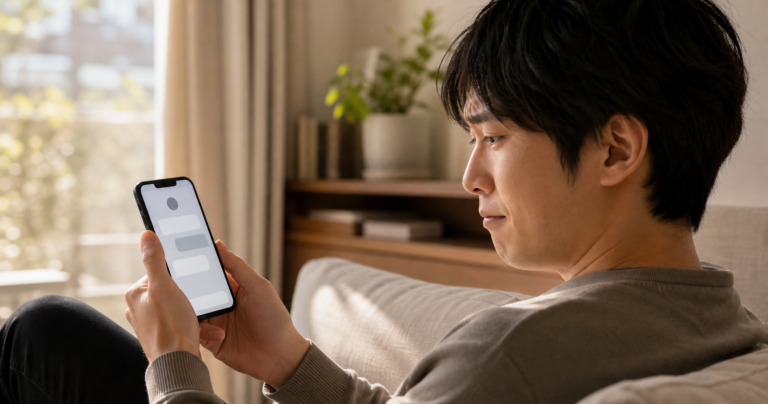 スマートフォンの連絡先画面を見つめ、元恋人がまだブロックされていないことに戸惑う男性の写真