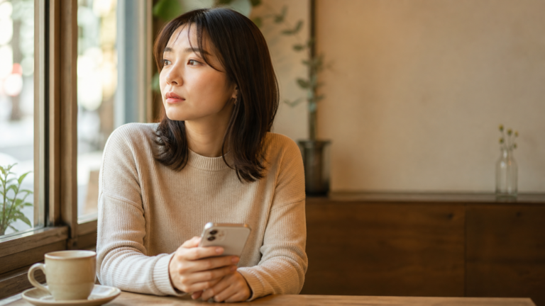 LINEの未読のままのメッセージ画面を見て、スマホを気にする男性の写真