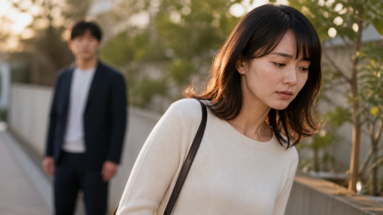 気まずそうに視線をそらしながら距離を取る女性の後ろ姿の写真