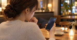 スマホの画面を見て次の約束のことを考える女性