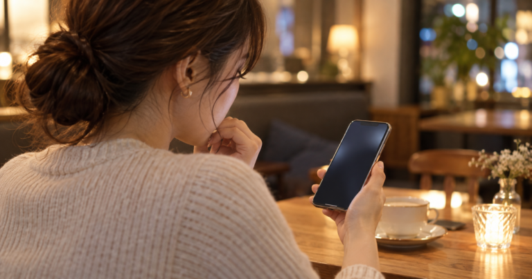 スマホの画面を見て次の約束のことを考える女性