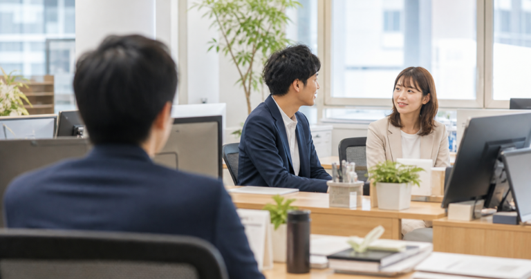 オフィス内で少し距離を取りながら話す男女社員の様子を、離れた席から気にする同僚の後ろ姿