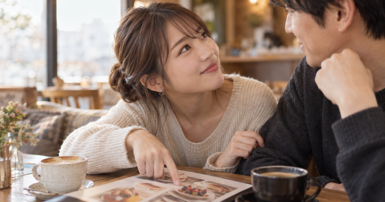 彼氏に向かって甘えた表情でおねだりをする女性の横顔
