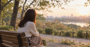 ベンチに一人で座り考え込む女性の後ろ姿