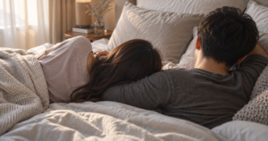 付き合っていない男女がベッドで腕枕をしながら少し距離のある表情で寝ているシルエット