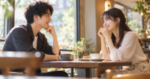 カフェの窓際の席で、テーブルを挟んで向かい合い笑顔で話す20代の男女。付き合う前のデートの一場面