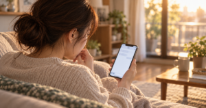 彼氏からの連絡を待ちながらスマホの画面を気にする女性の後ろ姿