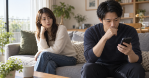 スマートフォンの通知を気にしながら態度を変える男性と、それに気づいて心配そうな表情を見せる女性のイラスト