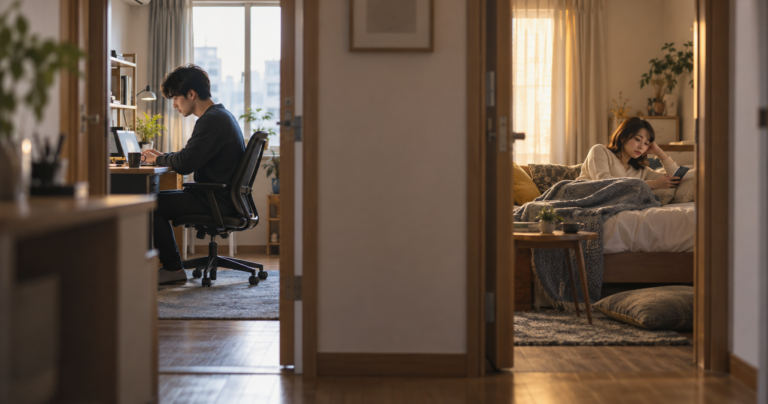 2LDKの部屋で、一方の個室で作業する人と、もう一方の個室でくつろぐ人がそれぞれ過ごしている同棲の様子
