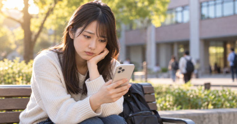 大学の構内でスマートフォンを見ながら恋愛に悩み不安げな表情を見せる大学生の写真