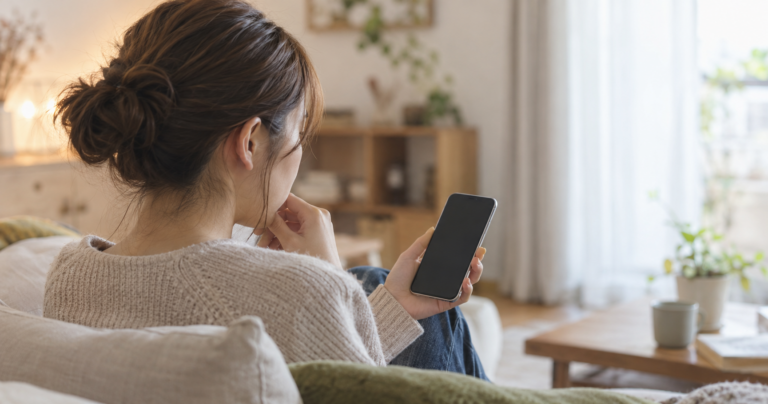 別れていないのに距離を置かれ、スマートフォンを見つめながら考え込む女性のイラスト