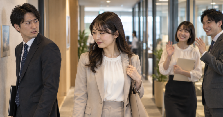 職場で自分にだけ挨拶しない女性の態度に戸惑う男性のイラスト