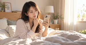 プロポーズされる夢を見て、起きた後にスマートフォンを見ながら考え込む女性の写真