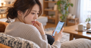 自分を振った相手からのメッセージを見て戸惑う女性の写真