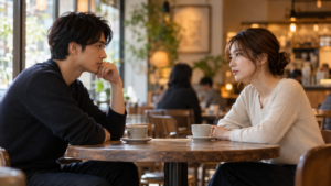 別れた後に元彼と再会し、カフェで向き合って話す男女の様子