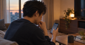 喧嘩別れした後、スマートフォンの画面を見つめて連絡を迷う男性の写真