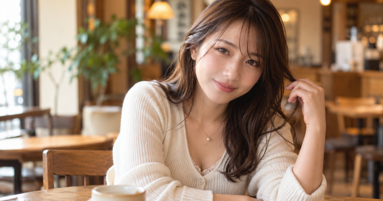 会話中に髪に触れながらこちらに視線を向ける女性