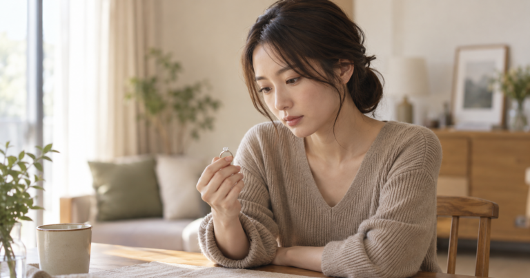 婚約者の浮気に気づき、慰謝料請求について考え込む女性の写真