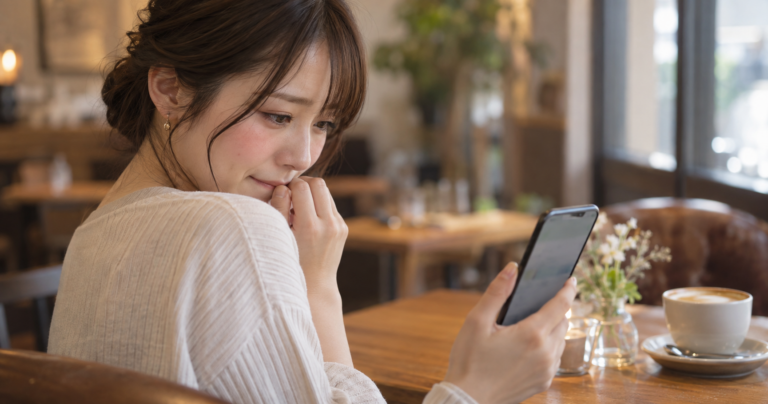 好きバレした後に気まずそうにしながらもスマホを気にする女性