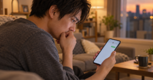 彼女からの返信が来ないスマホを見て不安な表情を見せる男性の写真
