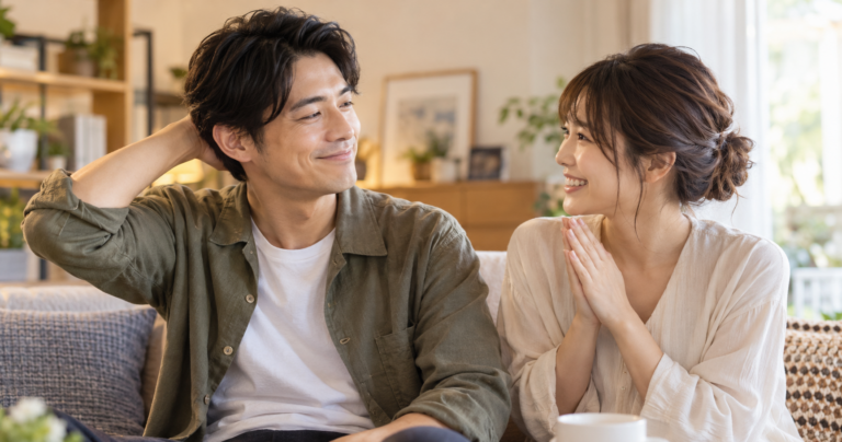 頼みごとを聞いて嬉しそうな表情を見せる男性と、お礼を伝える女性の写真