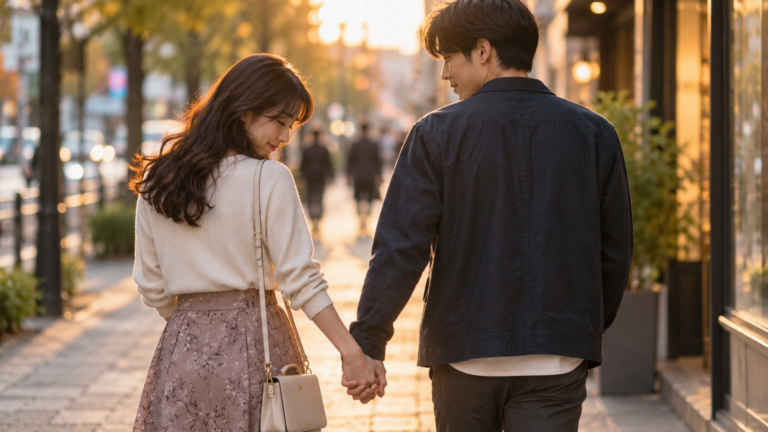 付き合う前の男女がカフェの帰り道で手を繋いで歩いている様子の写真