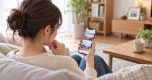 スマートフォンでSNSの投稿を見ながら考え込む女性の写真