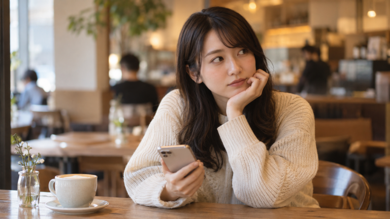 食事に誘われて、他の人も誘おうか考えている女性のイメージ写真