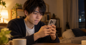 スマートフォンでLINEの告白メッセージを考えながら送信ボタンの前で悩む男性の写真