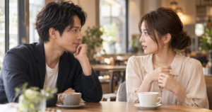 会話中にまっすぐ視線を向けてくる男性と向き合う女性のイメージ写真