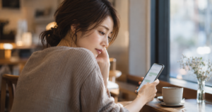 既婚男性からのメッセージをカフェでスマートフォンで読み、考え込んでいる女性の写真