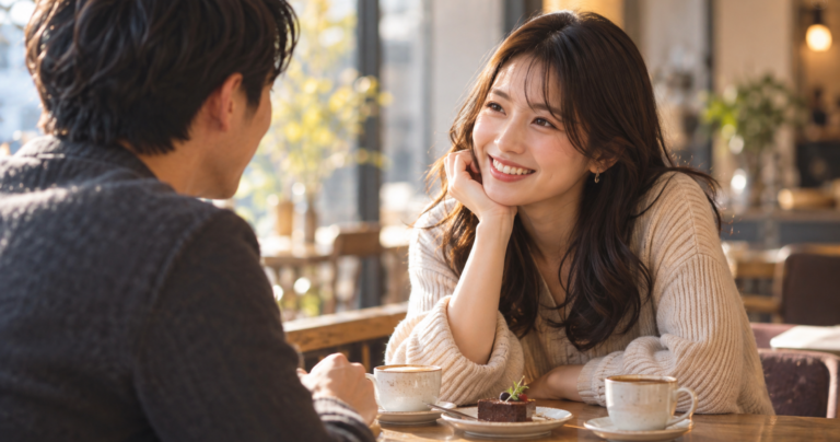 カフェでマッチングアプリの相手と3回目のデートをして話す女性