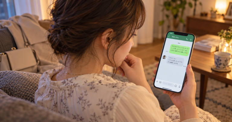 マッチングアプリで初デート後にスマートフォンのLINE画面を見つめ、男性からの返信を気にする女性の写真
