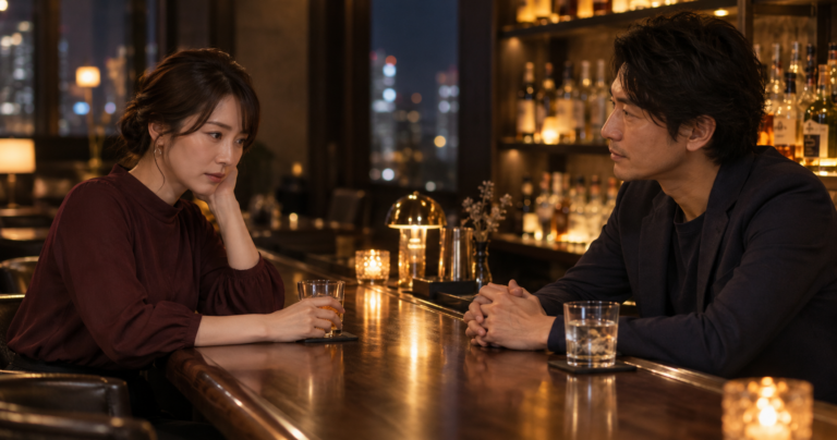 夜のバーで向かい合って話す男女のイメージ写真