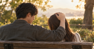 男性にそっと頭を撫でられている女性の後ろ姿のイメージ写真