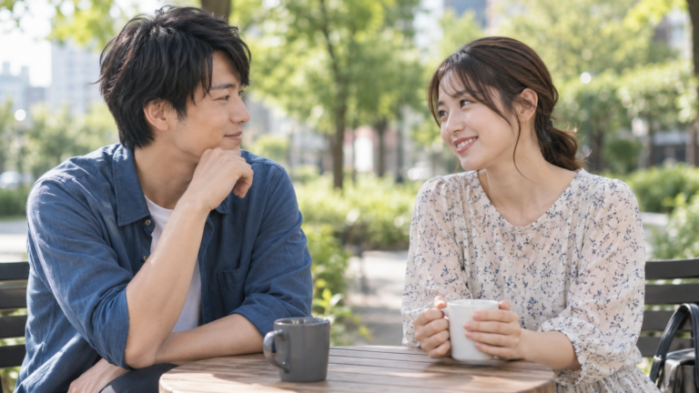 告白を断ったあとも笑顔で会話を続ける女性と男性のイメージ写真