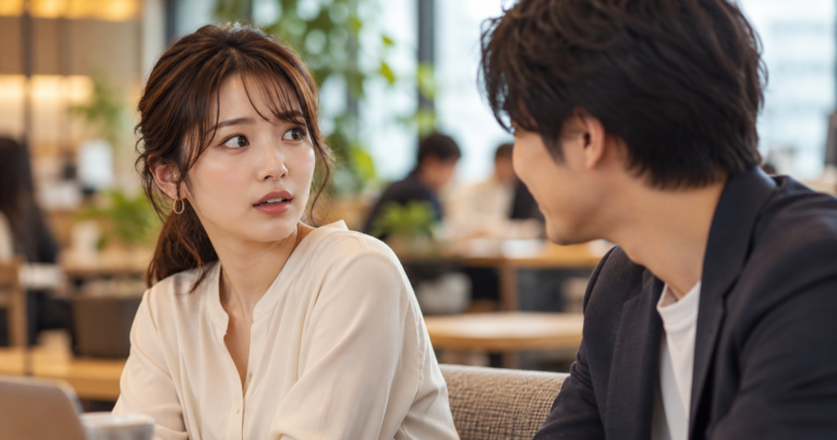 急に下の名前で呼ばれて驚きと戸惑いを感じている女性の表情を表した写真
