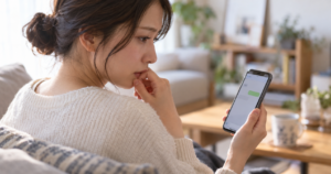 スマホの未読のままのトーク画面を見つめ、彼の気持ちがわからず戸惑う女性のイラスト