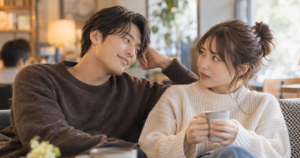 付き合ってない相手に甘える男性と、戸惑いながらも見つめる女性のイメージ写真