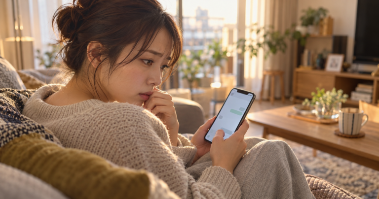 スマホを見つめながら彼氏からの連絡を待つ女性のイメージ写真