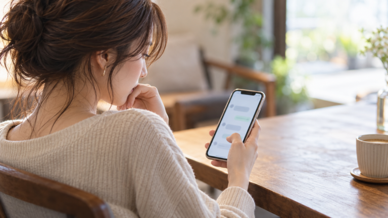 LINEの画面を気にしながら複雑な表情を見せる女性