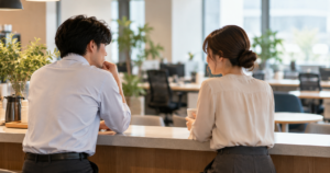 オフィスの休憩スペースで、少し距離を取りながら小声で話す男女の後ろ姿の写真
