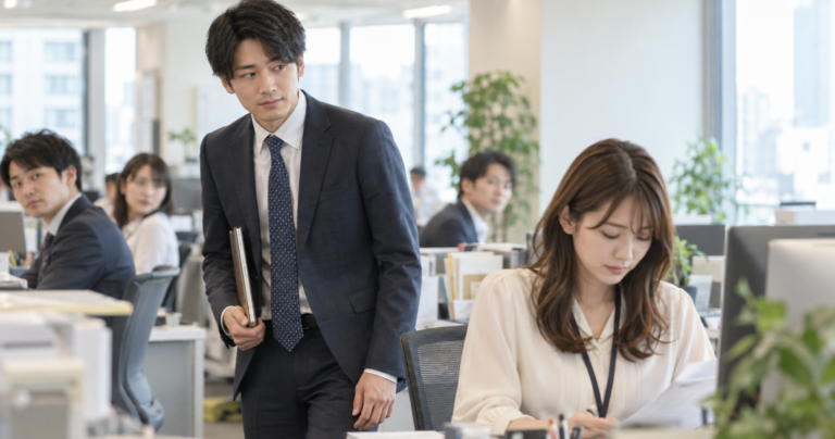 オフィスで周囲の視線を気にしながら気になる相手にそっと近づく男性の写真