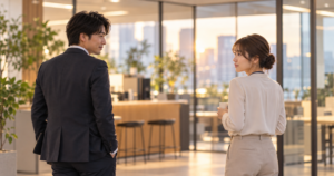 オフィスの休憩スペースで、少し距離を置いて会話する男女の後ろ姿